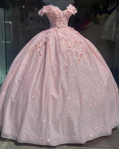 Princess Floral Off the Shoulder Tulle Quinceanera Dress Ball Gown N1350