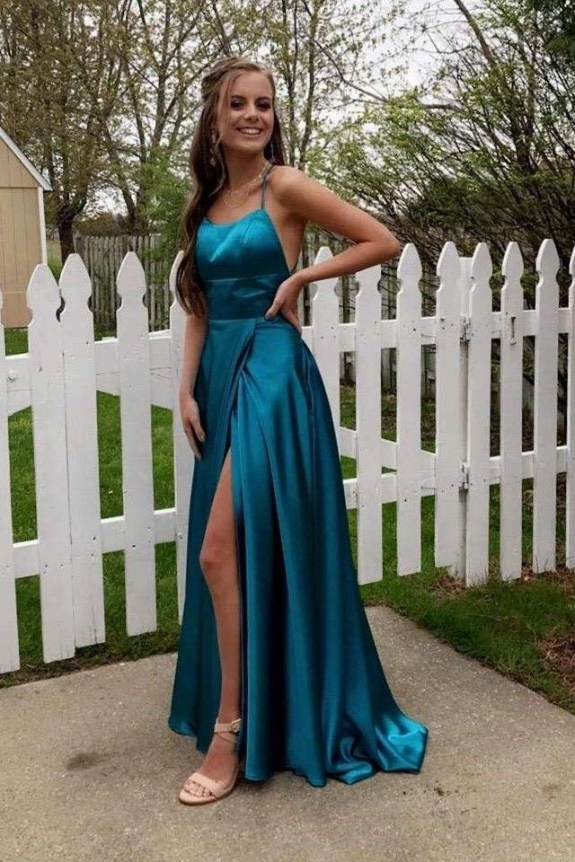 Blue A line satin long prom dress simple evening dress KS1559