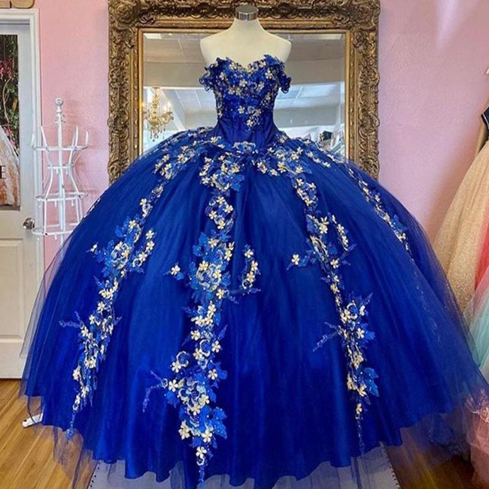 Royal Blue Ball Gown Quinceanera Dresses Off the Shoulder Beaded 3D FLowers Sweet 16 Dress Girls Party Gowns vestidos de quinceañera N1487