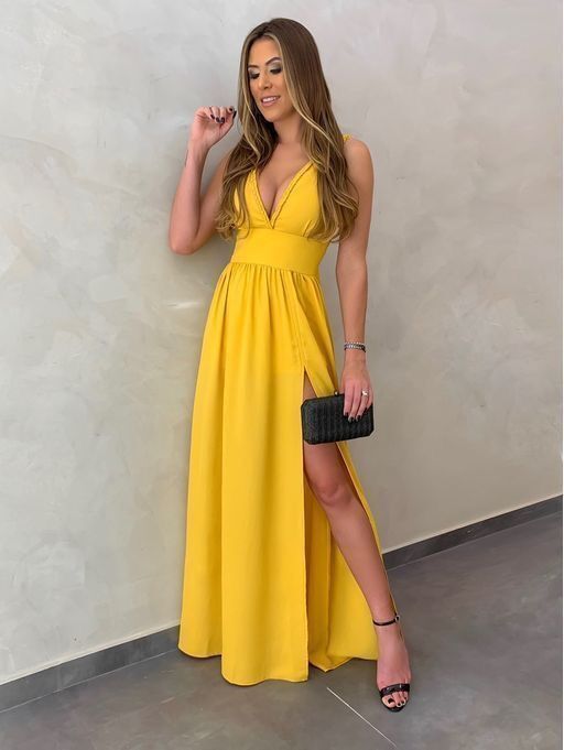 Yellow V neck Evening Dresses, Long Prom Gown, A Line Prom Dresses with Slit H3946