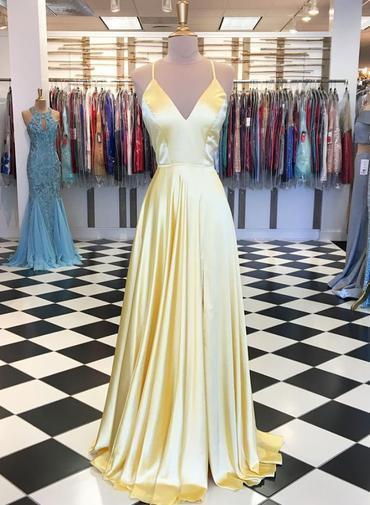 Yellow Satin V Neck Long Open Back Prom Dress, Evening Dress D075