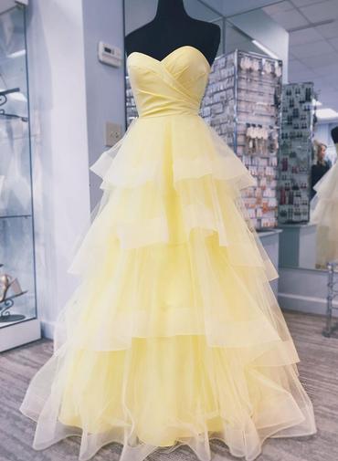 Yellow Tulle Strapless Long Layered Sweet 16 Prom Dress, Evening Dress D060