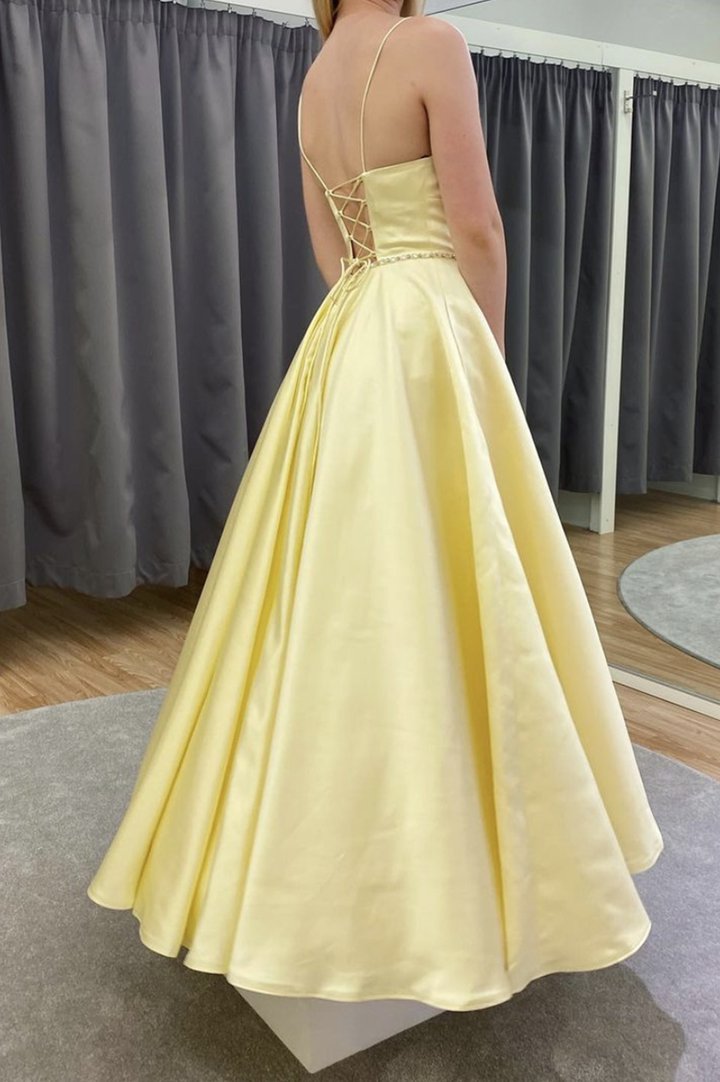 Yellow satin long A line prom dress yellow evening dress KS8176