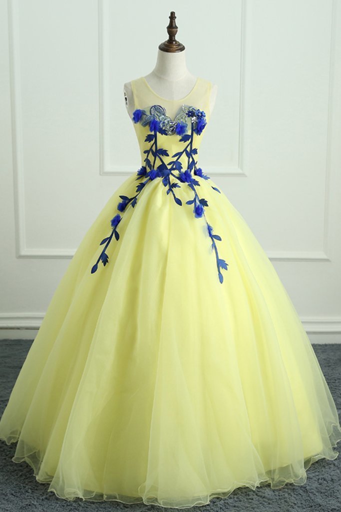 Yellow Tulle Long Flower Applique Evening Dress, Sweet 16 Prom Dress V19