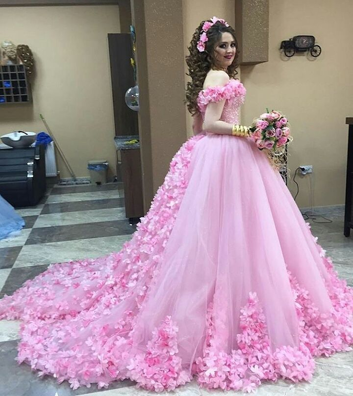 Pink Wedding Dresses,Flower Wedding Dresses,Tulle Quinceanera Dress Evening Dress, PD1042