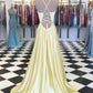 Yellow Satin V Neck Long Open Back Prom Dress, Evening Dress D075