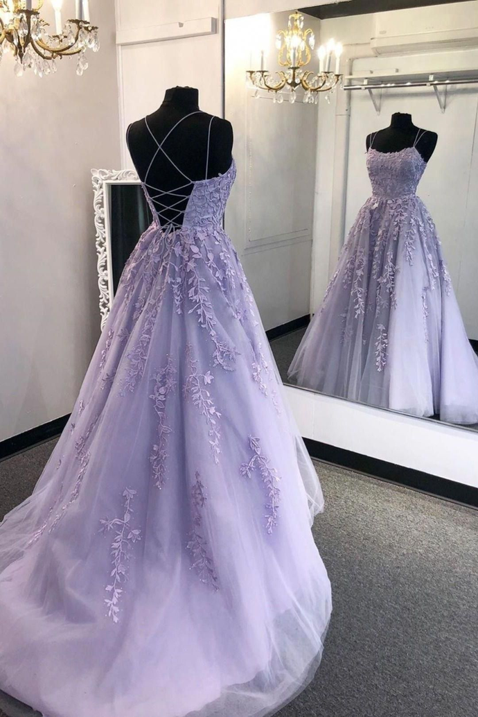 Purple tulle lace long prom dress formal dress S180