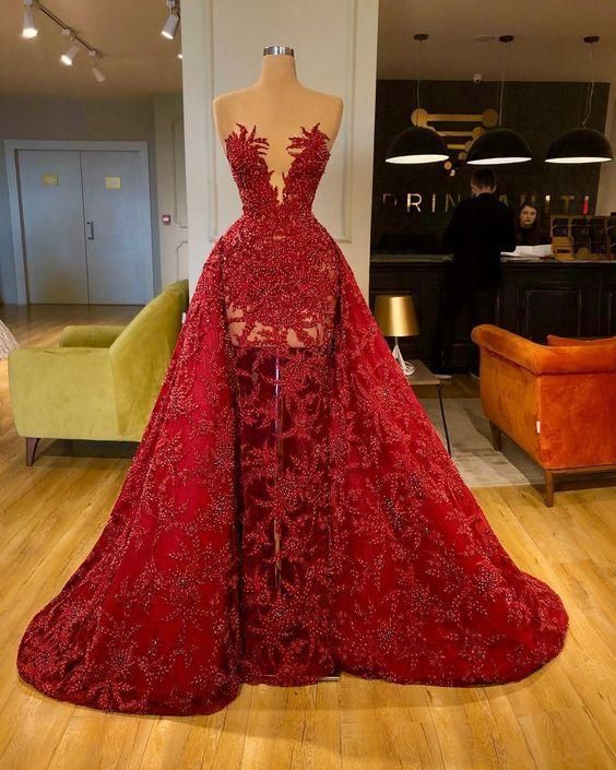 red prom dresses detachable skirt beading sequins shinning long evenin ...