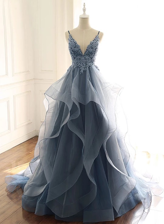 Elegant A Line Straps Blue Lace Layered Tulle Prom Dress Graduation Prom Dress P01330