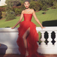 Sexy Red A Line Strapless Layered Tulle Long Prom Dresses with Slit cg1345