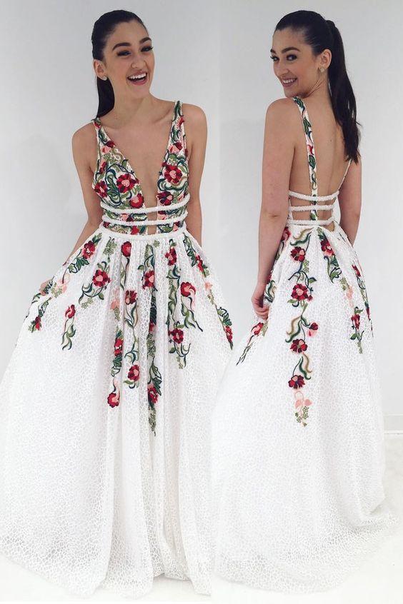 V-neck Sexy Floral Embroidered Long Prom Dresses PS062