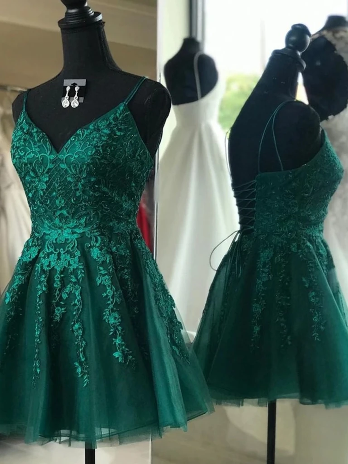 short lace emerald green homecoming dress E01