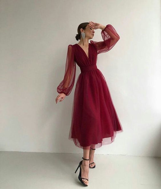 Charming Puffy Long Sleeve Burgundy Tea Length Long Prom Dress/Evening Gown T1641