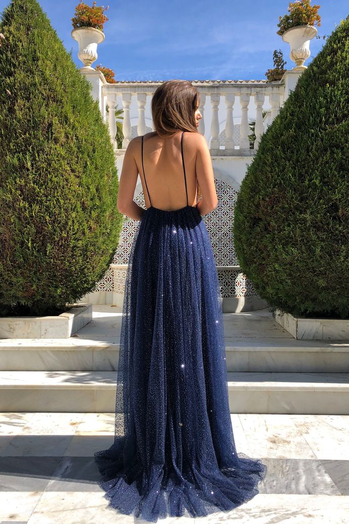 R053,sexy light blue sleeveless v-neck sequins full length evening dress backless spaghetti-straps tulle prom dress
