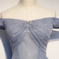 Strapless Blue Tulle Beaded Long A Line Off Shoulder Prom Dress, Evening Dress KS7423
