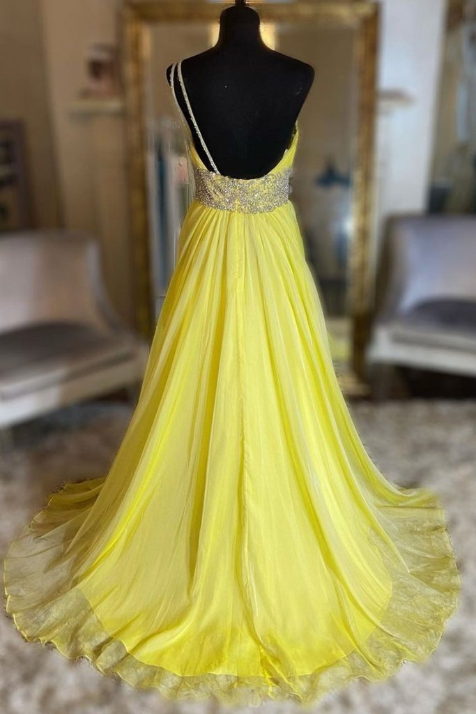 Yellow one shoulder tulle long prom dress yellow evening dress KS3973