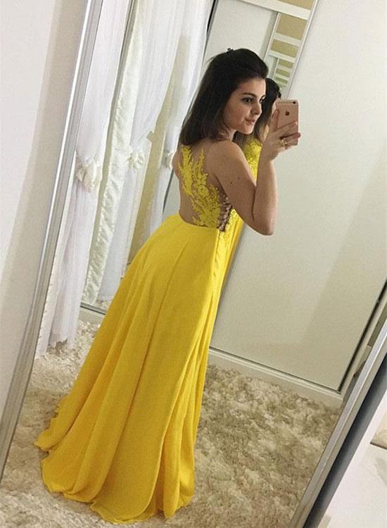 Yellow lace chiffon long prom dress, yellow evening dress ks3070