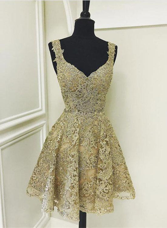Cute gold lace v neck short prom dress, homecoming dress KS3279