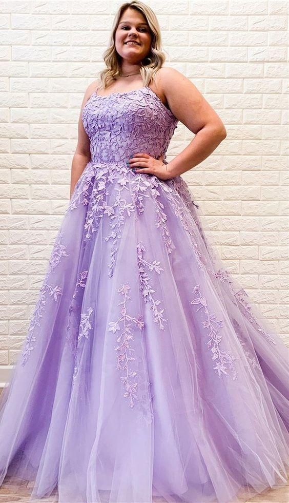 modest lilac long prom gowns, chic lace prom dresses, formal evening d ...