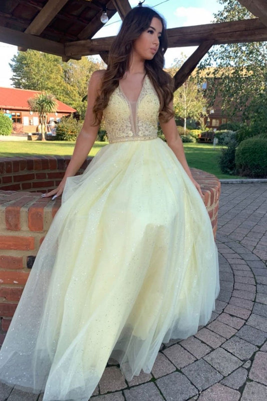 Yellow v neck tulle lace long prom dress yellow formal dress KS5268