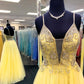 Yellow Tulle Open Back Prom Dress Spaghetti Strap V-neck Crystal Beading Long Dress KS7132