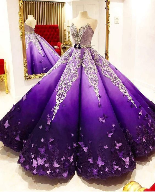 Stunning Purple Princess Quinceanera Dresses Crystal Beads Sash Butterfly Lace Appliques Ball Gown Prom Gowns 1026