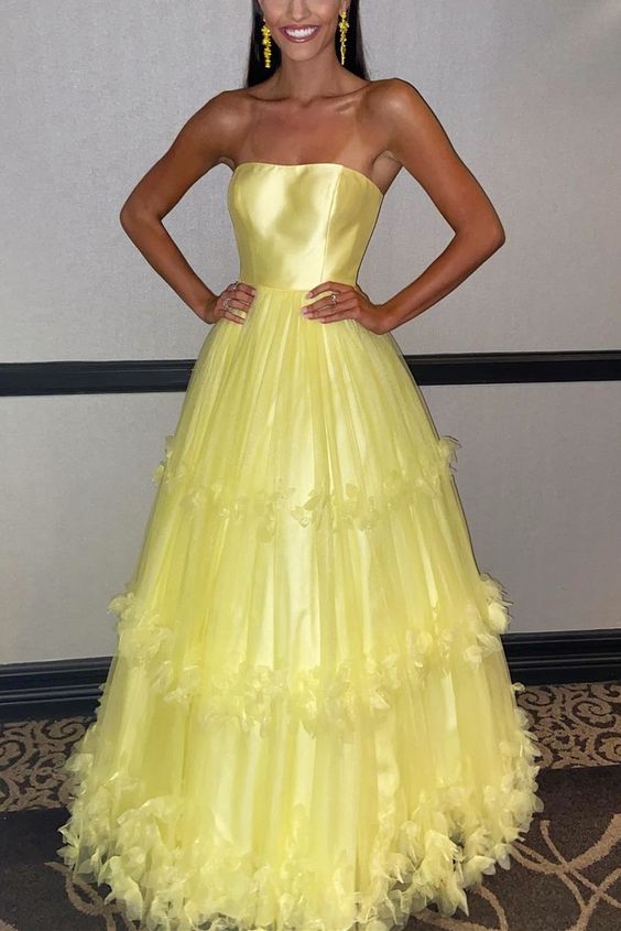 Yellow Long Formal Dress 2021 Strapless Yellow A-line prom dress KS3745
