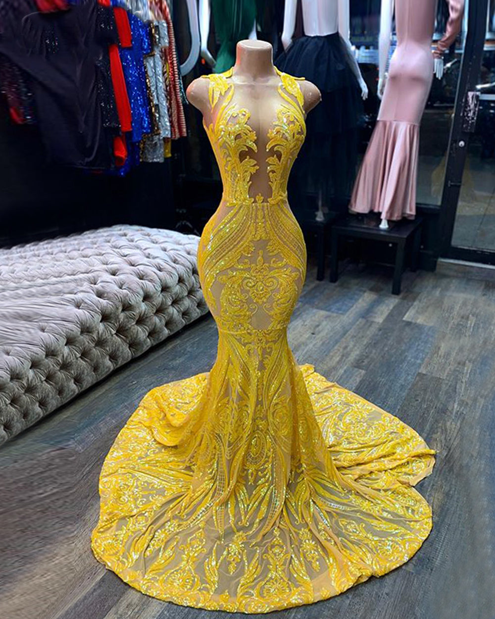yellow lace applique evening dresses long mermaid sexy formal dress SA1526