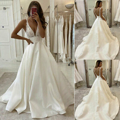 White v neck satin lace long prom dress evening dress A08