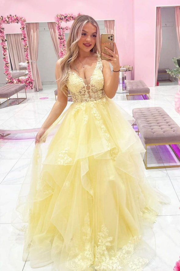 Yellow tulle lace long prom dress A line evening gown SA1293