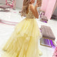Yellow tulle lace long prom dress A line evening gown SA1293