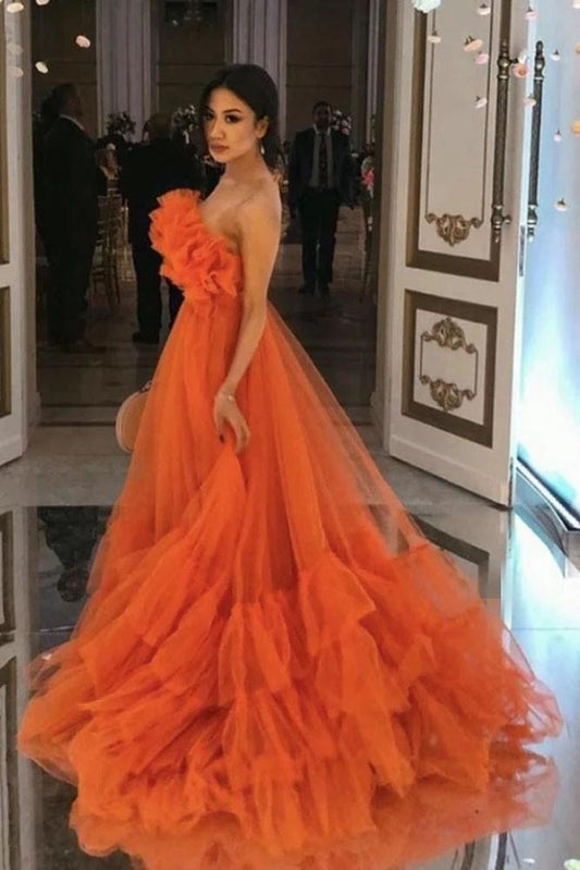 Orange Ruffles Tulle Evening Party Dresses Strapless Tiered Long Prom Dresses KS7942