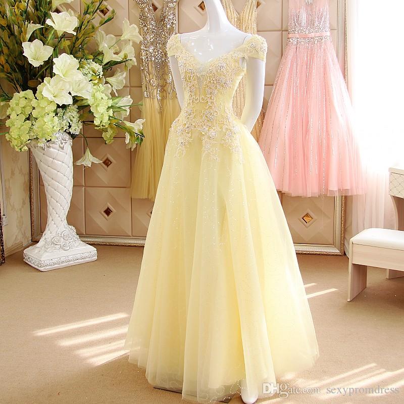 Yellow Tulle Off The Shoulder Lace Prom Dress SA1608